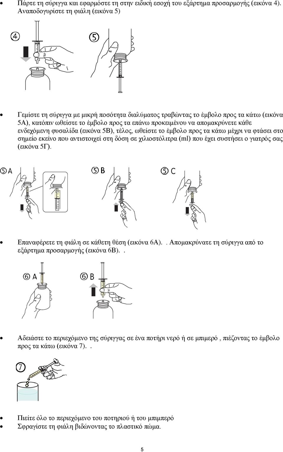 κάθε ενδεχόμενη φυσαλίδα (εικόνα 5Β), τέλος, ωθείστε το έμβολο προς τα κάτω μέχρι να φτάσει στο σημείο εκείνο που αντιστοιχεί στη δόση σε χιλιοστόλιτρα (ml) που έχει συστήσει ο γιατρός σας (εικόνα