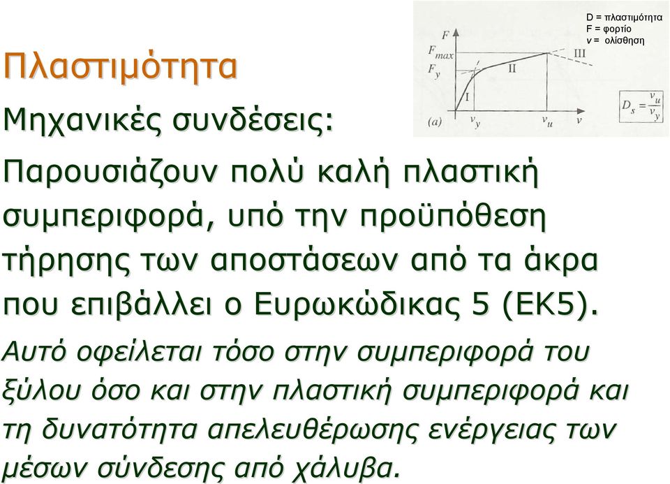 D = πλαστιμότητα F = φορτίο ν = ολίσθηση Αυτό οφείλεται τόσο στην συμπεριφορά του ξύλου όσο