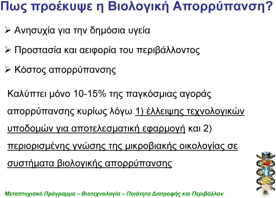 απορρύπανσης Καλύπτει μόνο 10-15% της παγκόσμιας αγοράς απορρύπανσης κυρίως λόγω 1)