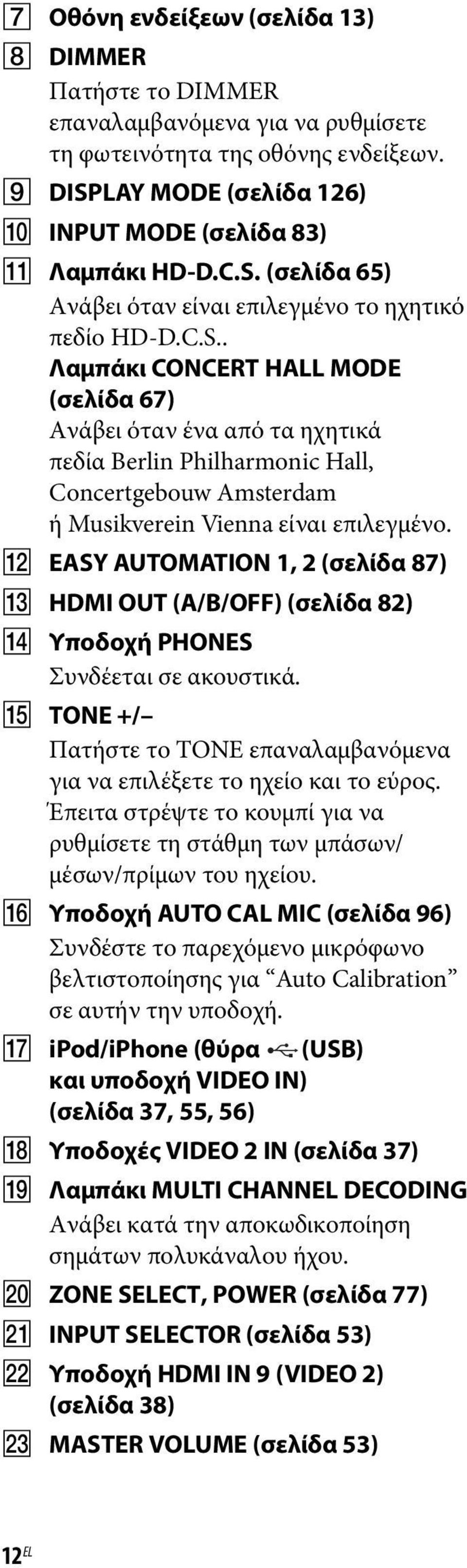 L EASY AUTOMATION 1, 2 (σελίδα 87) M HDMI OUT (A/B/OFF) (σελίδα 82) N Υποδοχή PHONES Συνδέεται σε ακουστικά. O TONE +/ Πατήστε το TONE επαναλαμβανόμενα για να επιλέξετε το ηχείο και το εύρος.