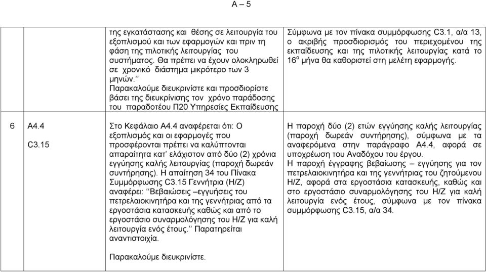 Παρακαλούµε διευκρινίστε και προσδιορίστε βάσει της διευκρίνισης τον χρόνο παράδοσης του παραδοτέου Π20 Υπηρεσίες Εκπαίδευσης Στο Κεφάλαιο Α4.