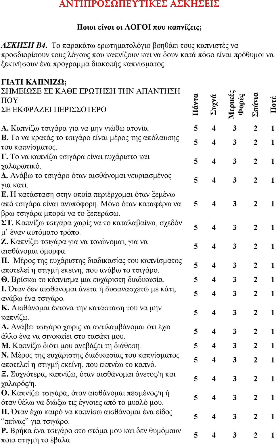 ΓΙΑΤΙ ΚΑΠΝΙΖΩ; ΣΗΜΕΙΩΣΕ ΣΕ ΚΑΘΕ ΕΡΩΤΗΣΗ ΤΗΝ ΑΠΑΝΤΗΣΗ ΠΟΥ ΣΕ ΕΚΦΡΑΖΕΙ ΠΕΡΙΣΣΟΤΕΡΟ Πάντα Συχνά Μερικές Φορές Α. Καπνίζω τσιγάρα για να µην νιώθω ατονία. Β.