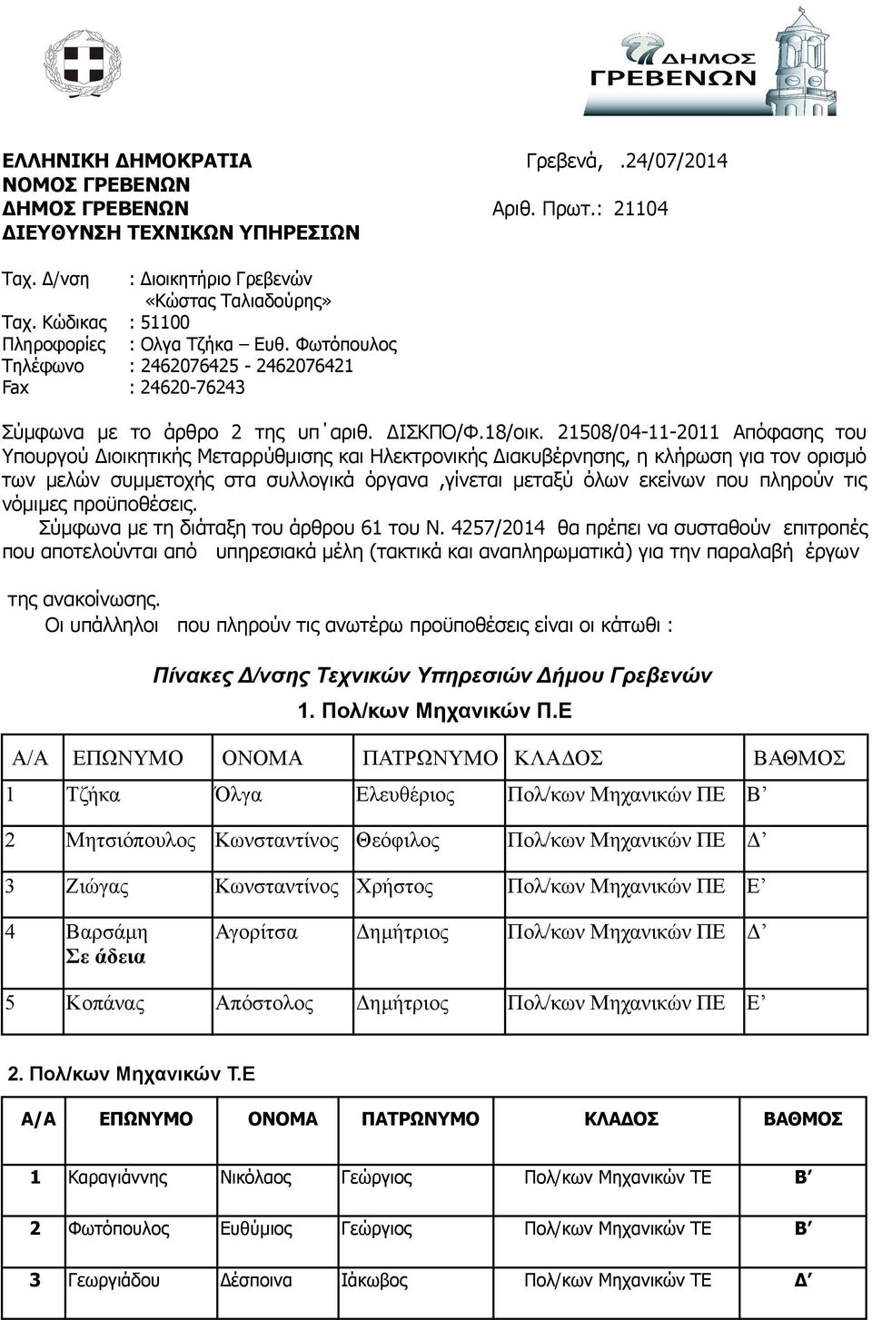 21508/04-11-2011 Απόφασης του Υπουργού Διοικητικής Μεταρρύθμισης και Ηλεκτρονικής Διακυβέρνησης, η κλήρωση για τον ορισμό των μελών συμμετοχής στα συλλογικά όργανα,γίνεται μεταξύ όλων εκείνων που