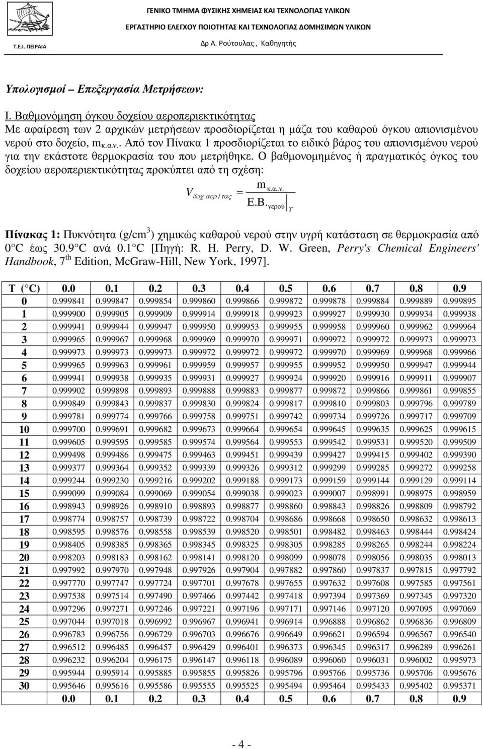 νερού Τ Πίνακας 1: Πυκνότητα (g/cm 3 ) χηµικώς καθαρού νερού στην υγρή κατάσταση σε θερµοκρασία από 0 C έως 30.9 C ανά 0.1 C [Πηγή: R. H. Perry, D. W.