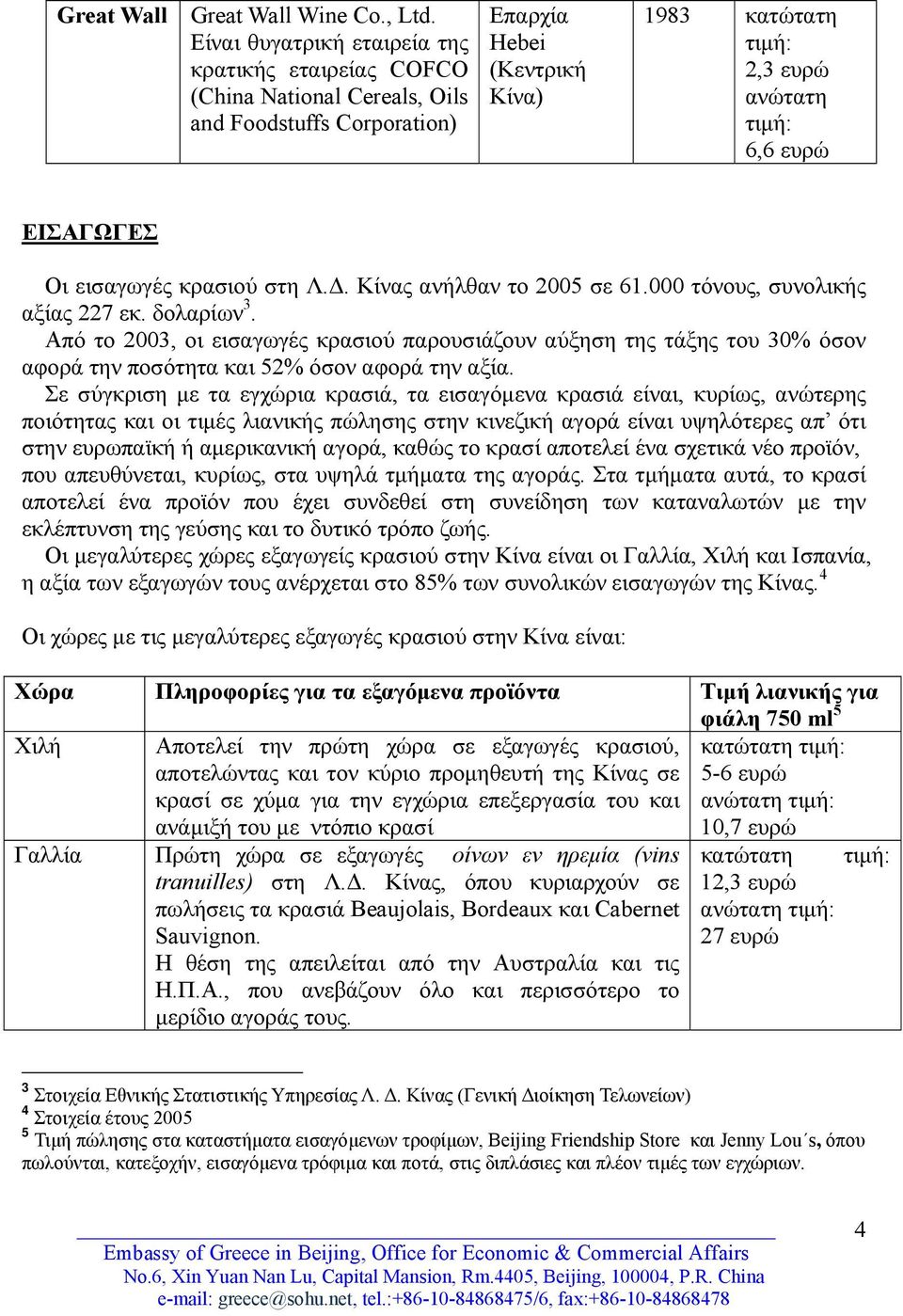 εισαγωγές κρασιού στη Λ.Δ. Κίνας ανήλθαν το 2005 σε 61.000 τόνους, συνολικής αξίας 227 εκ. δολαρίων 3.