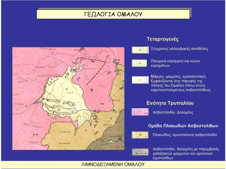 Εμφανίζονται στις παρυφές της πόλγης του Ομαλού,πάνω στους καρστικοποιημένους ασβεστόλιθους Ενότητα Τρυπαλίου