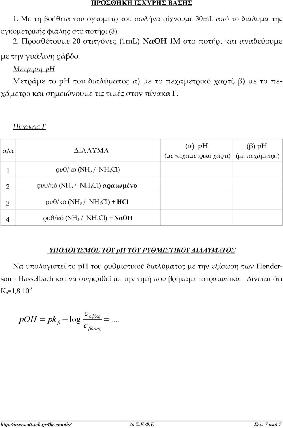 HCl 4 ρυθ/κό (NH 3 / NH 4 Cl) + ΝαΟΗ ΥΠΟΛΟΓΙΣΜΟΣ ΤΟΥ ph ΤΟΥ ΡΥΘΜΙΣΤΙΚΟΥ ΔΙΑΛΥΜΑΤΟΣ Να υπολογιστεί το ph του ρυθμιστικού διαλύματος με την εξίσωση των Henderson -