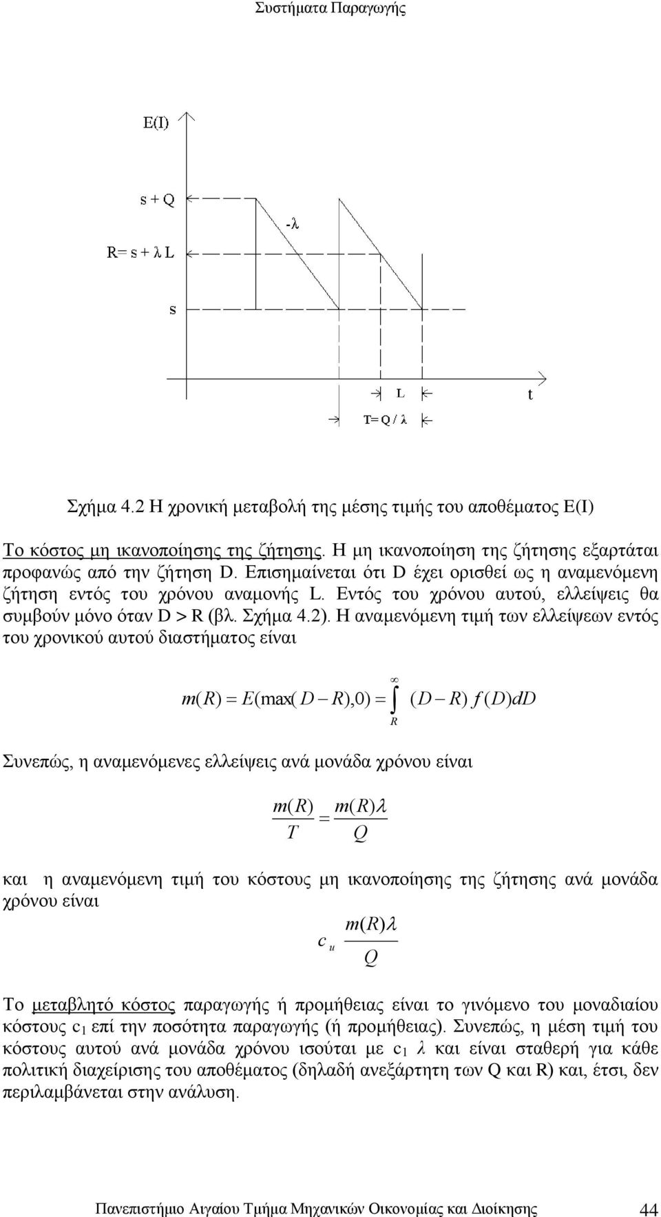 . Η αναμενόμενη τιμή των ελλείψεων εντός του χρονικού αυτού διαστήματος είναι m Emx Συνεπώς η αναμενόμενες ελλείψεις ανά μονάδα χρόνου είναι m m T και η αναμενόμενη τιμή του κόστους μη ικανοποίησης