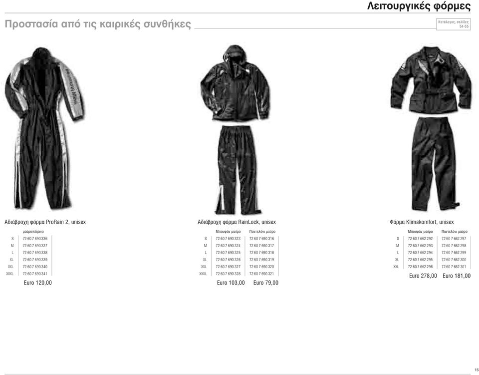 318 XL 72 60 7 690 326 72 60 7 690 319 XXL 72 60 7 690 327 72 60 7 690 320 XXXL 72 60 7 690 328 72 60 7 690 321 Euro 103,00 Euro 79,00 Φόρμα Klimakomfort, unisex Μπουφάν Παντελόνι S 72 60 7