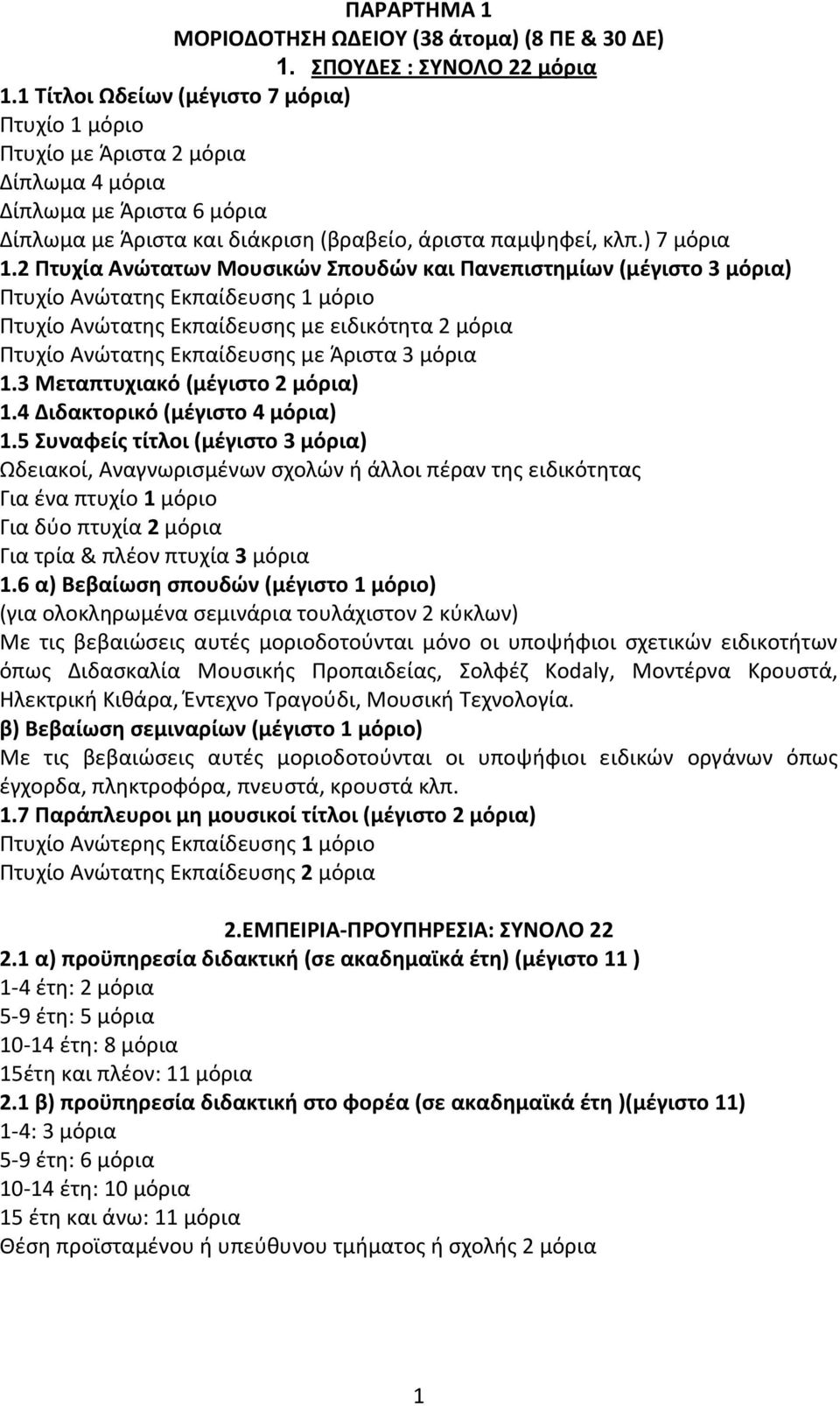 2 Πτυχία Ανώτατων Μουσικών Σπουδών και Πανεπιστημίων (μέγιστο 3 μόρια) Πτυχίο Ανώτατης Εκπαίδευσης 1 μόριο Πτυχίο Ανώτατης Εκπαίδευσης με ειδικότητα 2 μόρια Πτυχίο Ανώτατης Εκπαίδευσης με Άριστα 3