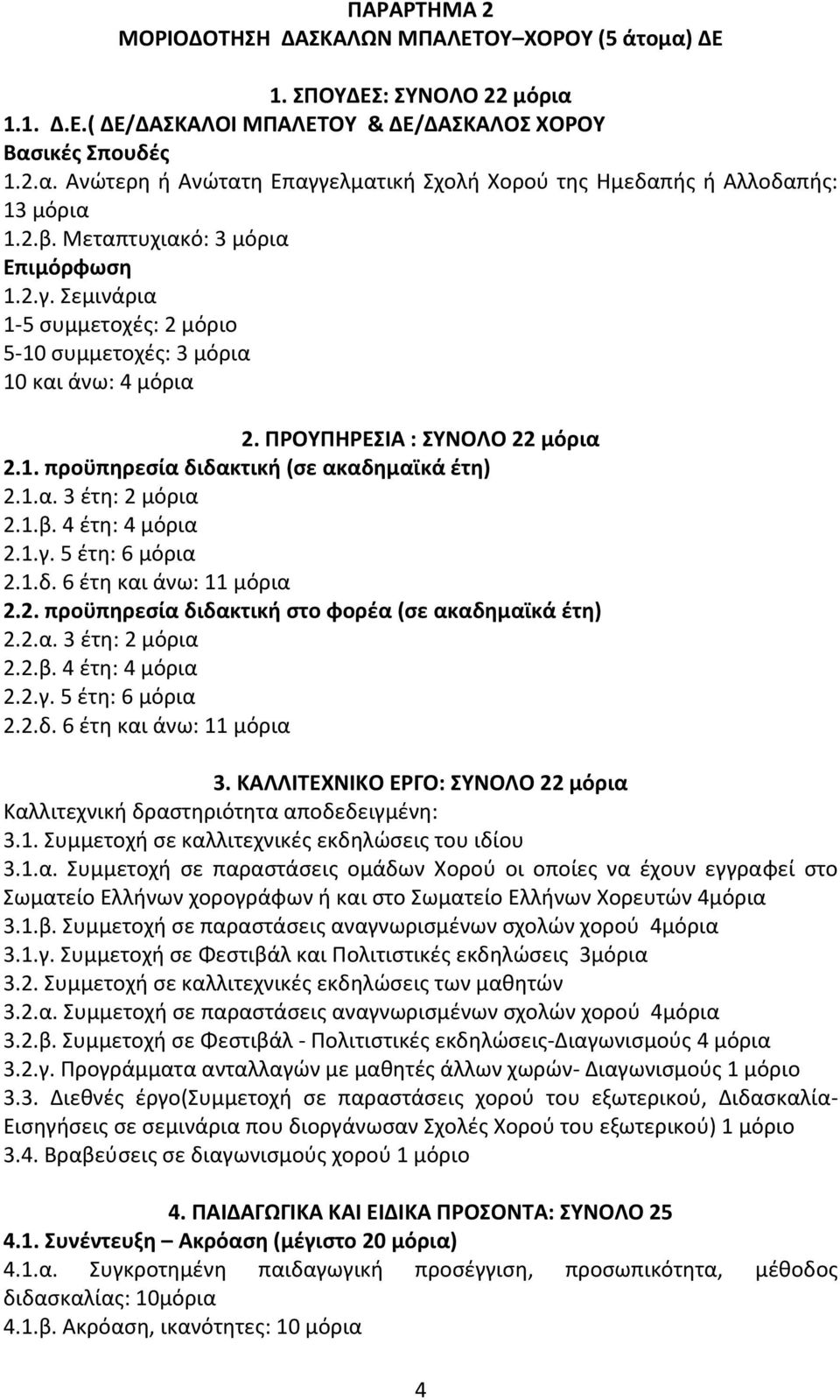 1.α. 3 έτη: 2 μόρια 2.1.β. 4 έτη: 4 μόρια 2.1.γ. 5 έτη: 6 μόρια 2.1.δ. 6 έτη και άνω: 11 μόρια 2.2. προϋπηρεσία διδακτική στο φορέα (σε ακαδημαϊκά έτη) 2.2.α. 3 έτη: 2 μόρια 2.2.β. 4 έτη: 4 μόρια 2.2.γ. 5 έτη: 6 μόρια 2.2.δ. 6 έτη και άνω: 11 μόρια 3.