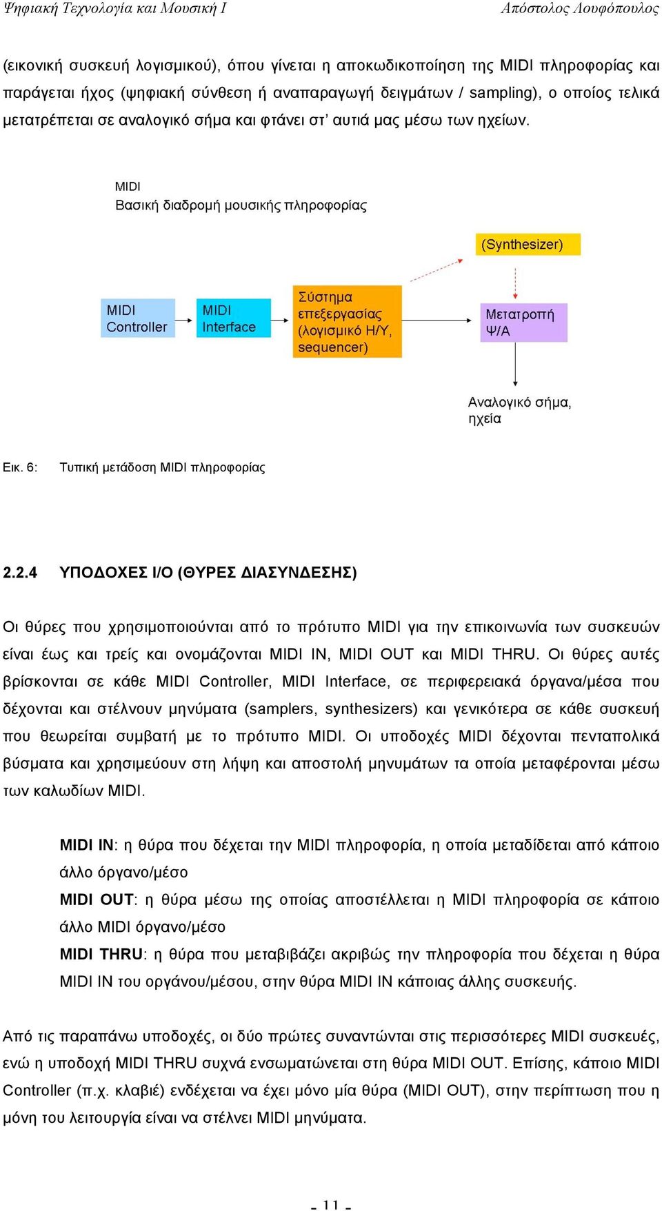 2.4 ΥΠΟΔΟΧΕΣ Ι/Ο (ΘΥΡΕΣ ΔΙΑΣΥΝΔΕΣΗΣ) Οι θύρες που χρησιµοποιούνται από το πρότυπο MIDI για την επικοινωνία των συσκευών είναι έως και τρείς και ονοµάζονται ΜIDI IN, MIDI OUT και MIDI THRU.