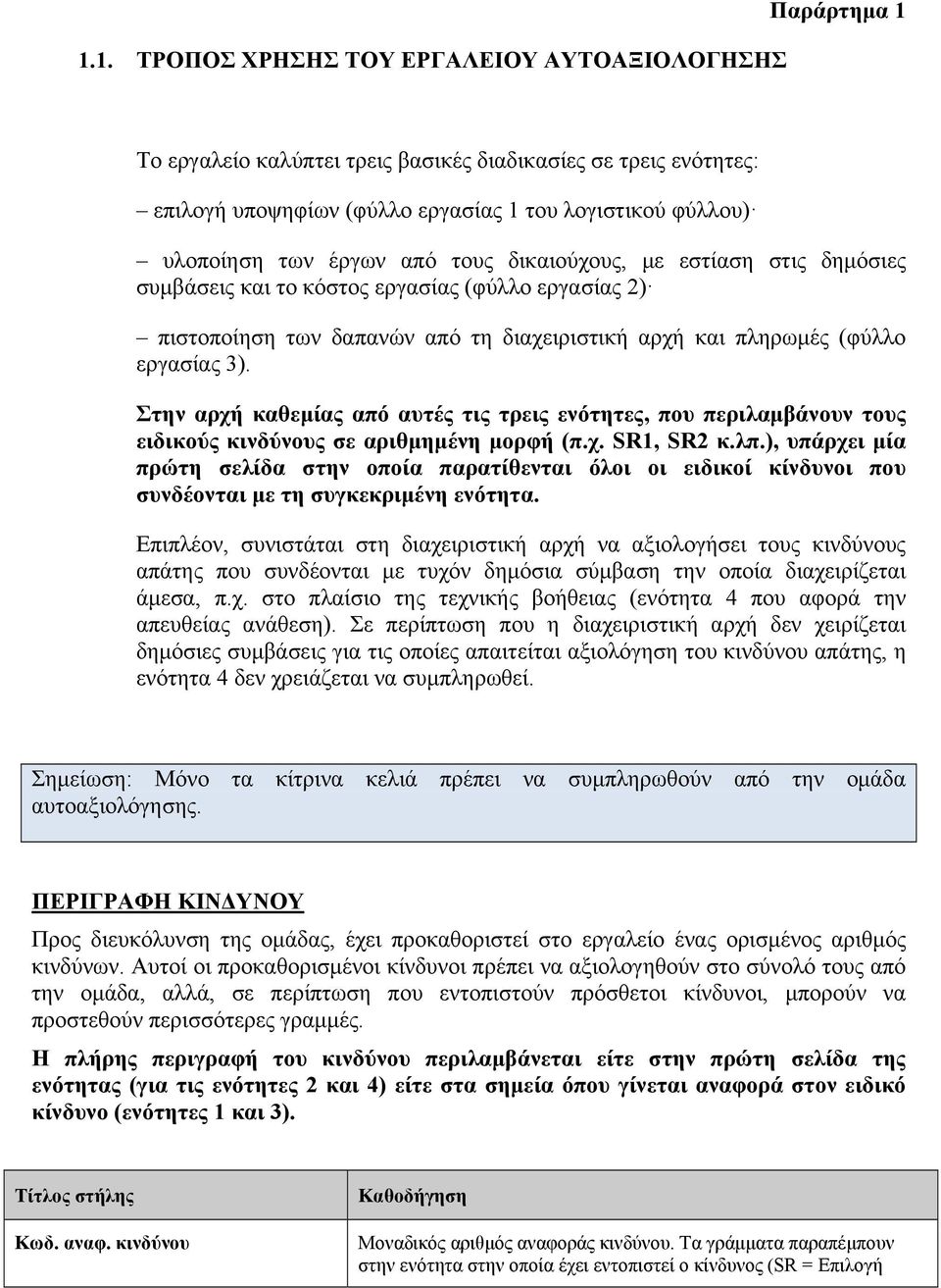 Στην αρχή καθεμίας από αυτές τις τρεις ενότητες, που περιλαμβάνουν τους ειδικούς κινδύνους σε αριθμημένη μορφή (π.χ. SR1, SR2 κ.λπ.