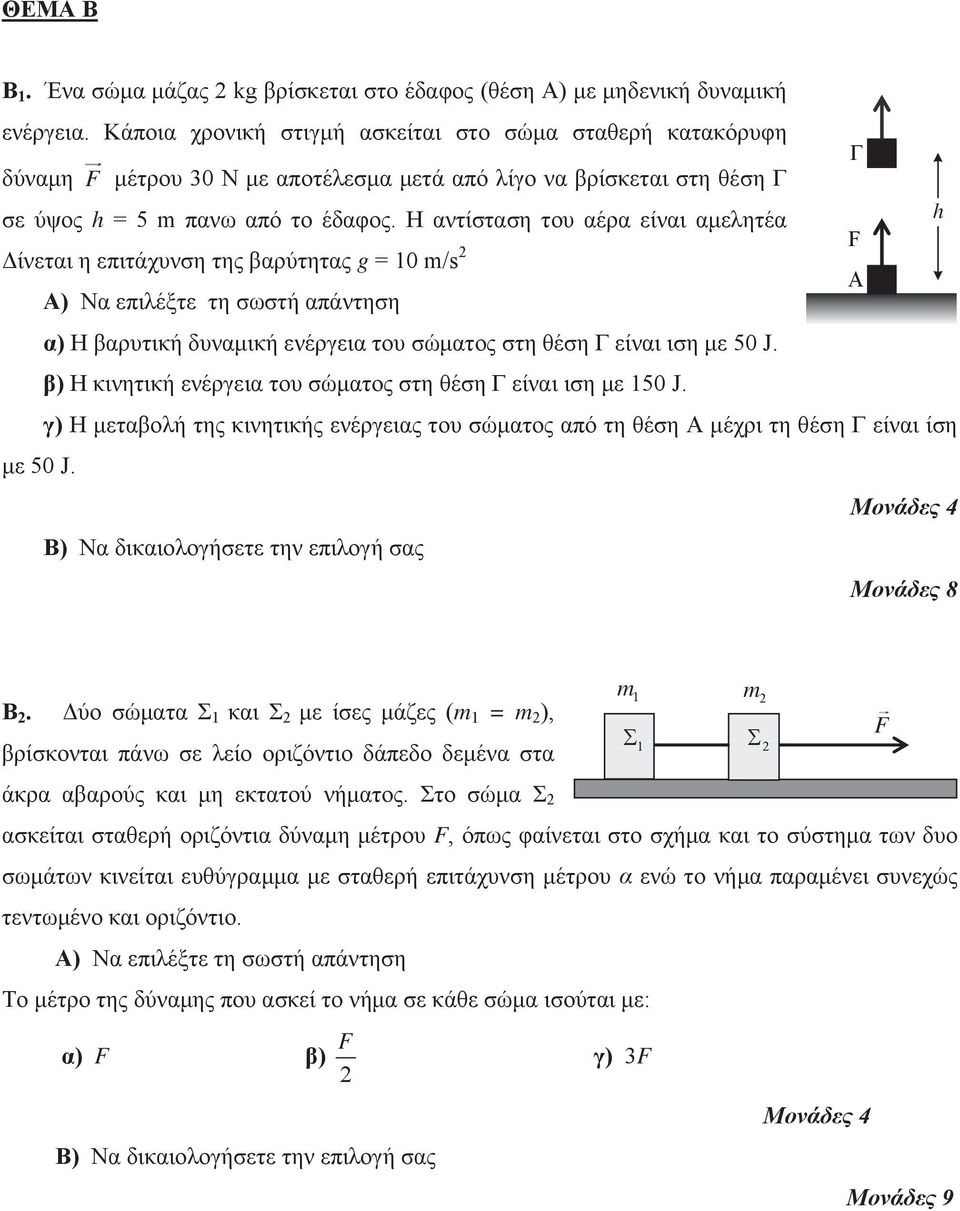 Η αντίσταση του αέρα είναι αμελητέα h F Δίνεται η επιτάχυνση της βαρύτητας g = 10 m/s 2 Α Α) Να επιλέξτε τη σωστή απάντηση α) Η βαρυτική δυναμική ενέργεια του σώματος στη θέση Γ είναι ιση με 50 J.