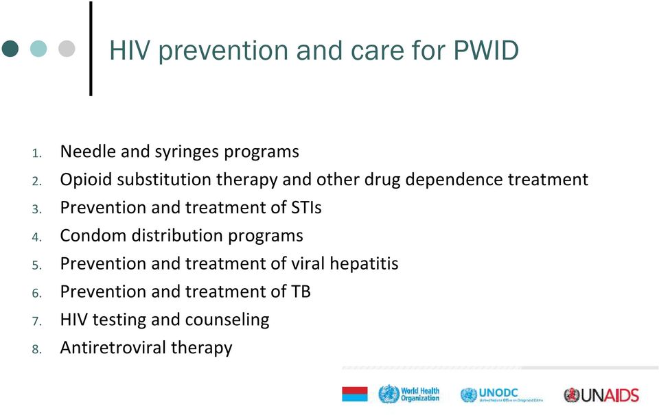 Prevention and treatment of STIs 4. Condom distribution programs 5.