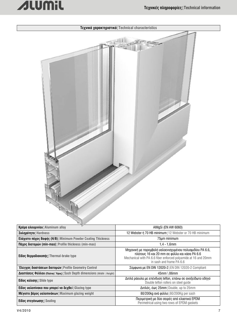 dimensions (Width \ Height) Είδος κύλισης Slide type Είδος υαλοπίνακα που μπορεί να δεχθεί Glazing type Μέγιστο βάρος υαλοπινάκων Maximum glazing weight Είδος στεγάνωσης Sealing AlMgSi (EN AW 6060)