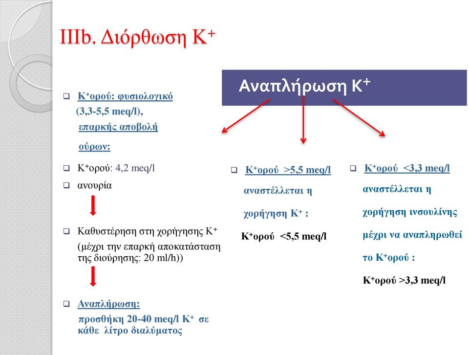 ινσουλίνης Καθυστέρηση στη χορήγησης Κ + (μέχρι την επαρκή αποκατάσταση της διούρησης: 20 ml/h)) Κ + ορού <5,5