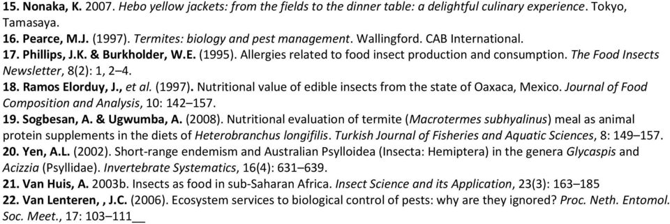 Ramos Elorduy, J., et al. (1997). Nutritional value of edible insects from the state of Oaxaca, Mexico. Journal of Food Composition and Analysis, 10: 142 157. 19. Sogbesan, A. & Ugwumba, A. (2008).