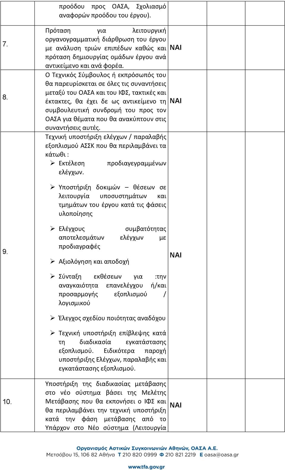 Ο Τεχνικός Σύμβουλος ή εκπρόσωπός του θα παρευρίσκεται σε όλες τις συναντήσεις μεταξύ του ΟΑΣΑ και του ΙΦΣ, τακτικές και έκτακτες, θα έχει δε ως αντικείμενο τη συμβουλευτική συνδρομή του προς τον