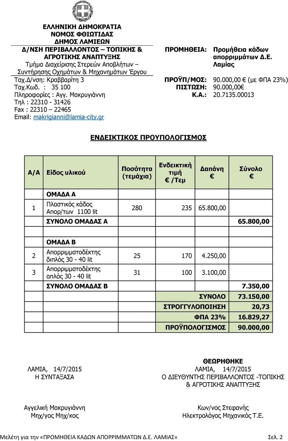 Ε. Λαμίας 90.000,00 (με ΦΠΑ 23%) 90.000,00 20.7135.