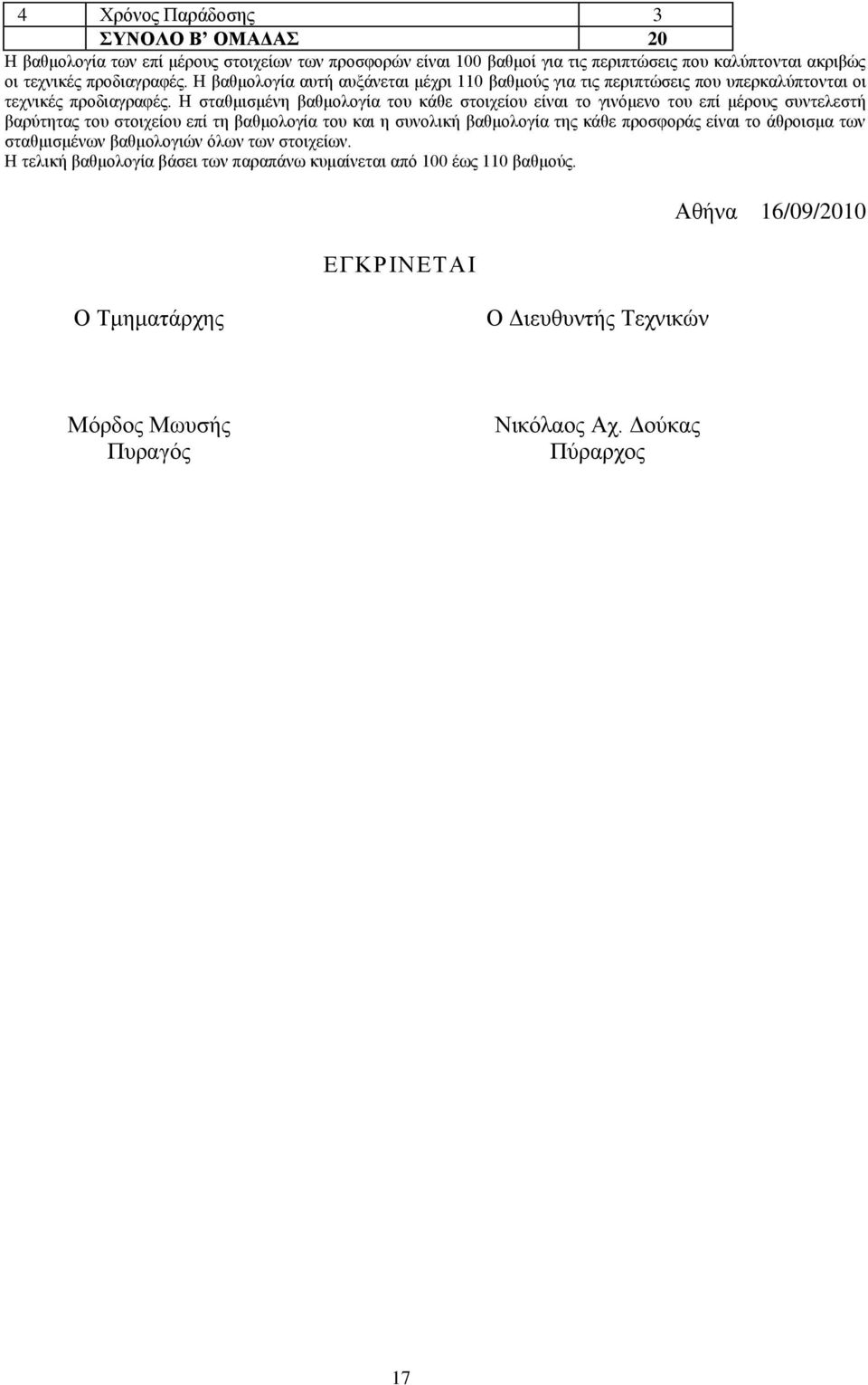 Η σταθμισμένη βαθμολογία του κάθε στοιχείου είναι το γινόμενο του επί μέρους συντελεστή βαρύτητας του στοιχείου επί τη βαθμολογία του και η συνολική βαθμολογία της κάθε προσφοράς