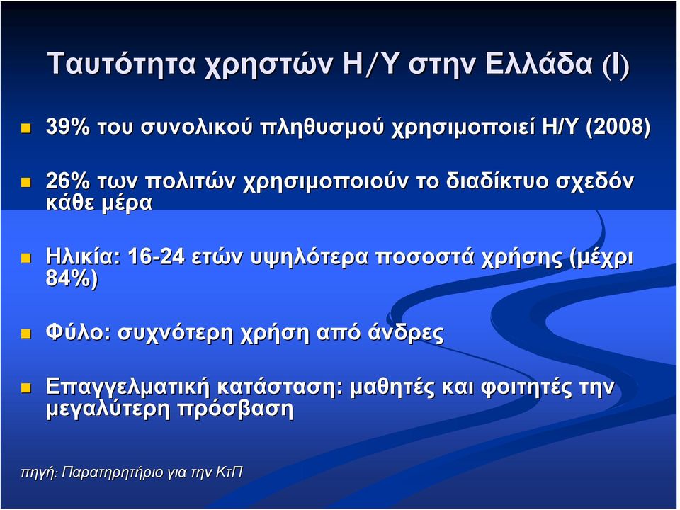 ετών υψηλότερα ποσοστά χρήσης (μέχρι 84%) Φύλο: συχνότερη χρήση από άνδρες