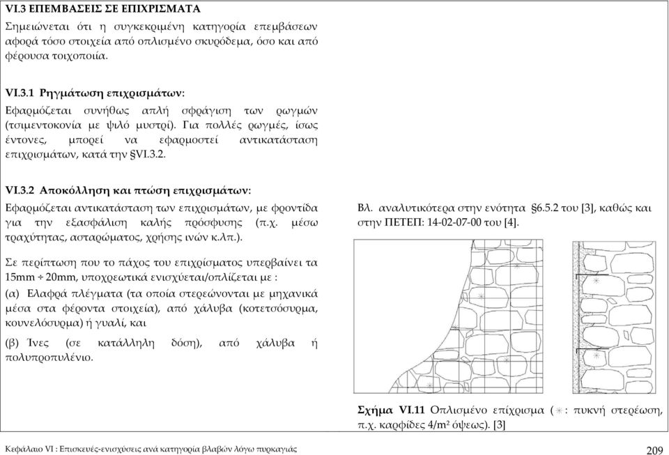 2. VI.3.2 Αποκόλληση και πτώση επιχρισμάτων: Εφαρμόζεται αντικατάσταση των επιχρισμάτων, με φροντίδα για την εξασφάλιση καλής πρόσφυσης (π.χ. μέσω τραχύτητας, ασταρώματος, χρήσης ινών κ.λπ.). Βλ.