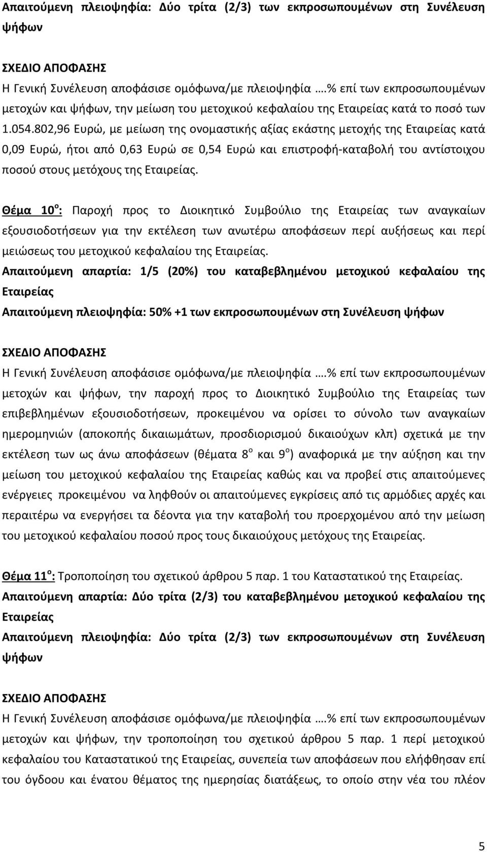 Θέμα 10 ο : Παροχή προς το Διοικητικό Συμβούλιο της των αναγκαίων εξουσιοδοτήσεων για την εκτέλεση των ανωτέρω αποφάσεων περί αυξήσεως και περί μειώσεως του μετοχικού κεφαλαίου της.