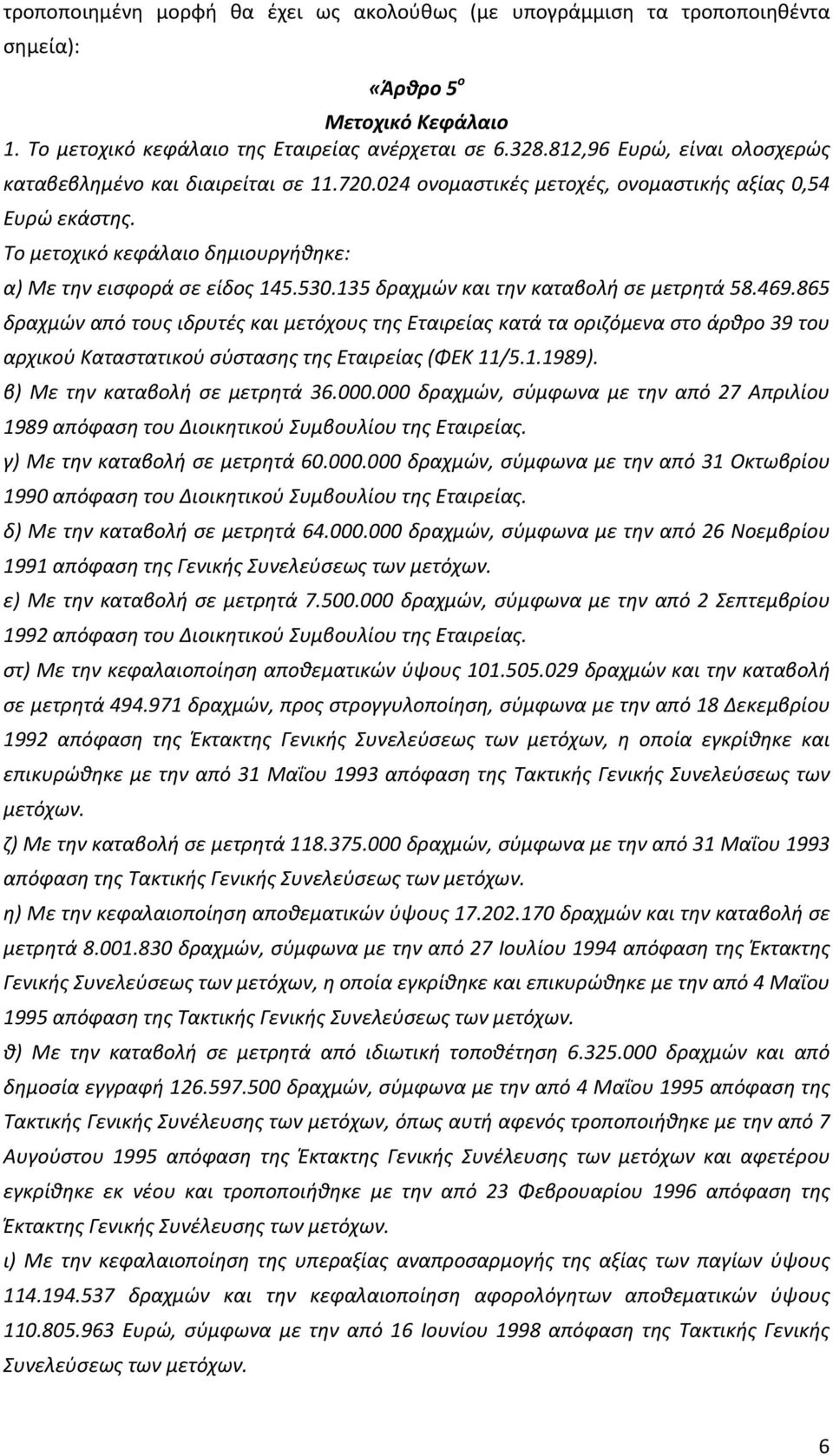 530.135 δραχμών και την καταβολή σε μετρητά 58.469.865 δραχμών από τους ιδρυτές και μετόχους της κατά τα οριζόμενα στο άρθρο 39 του αρχικού Καταστατικού σύστασης της (ΦΕΚ 11/5.1.1989).