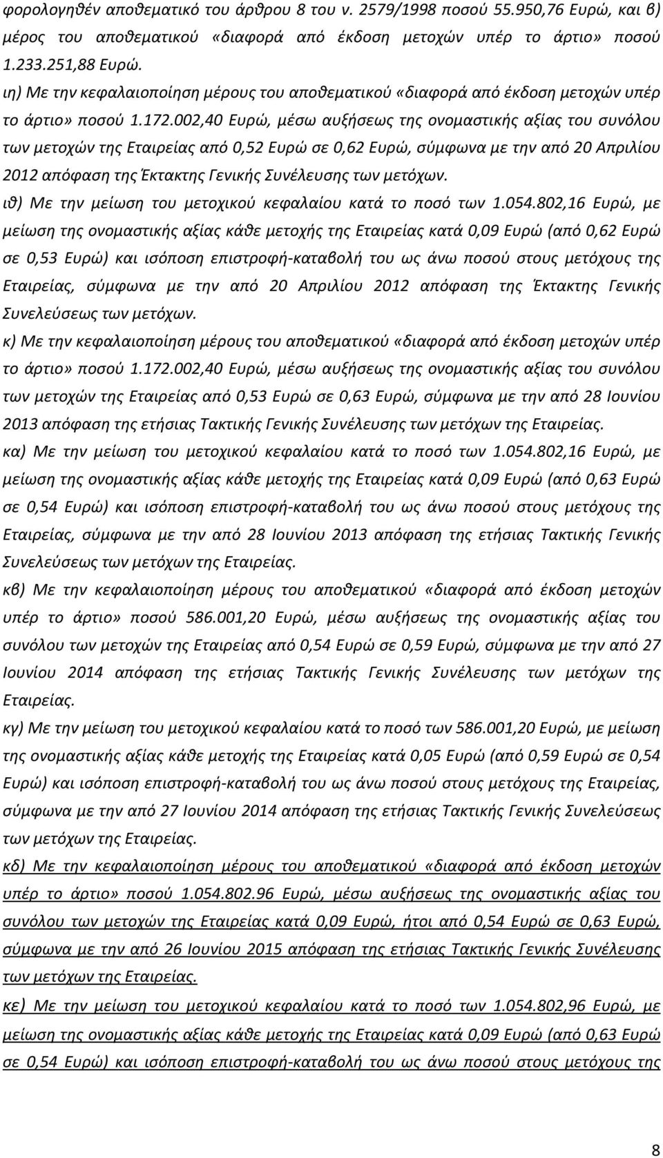 002,40 Ευρώ, μέσω αυξήσεως της ονομαστικής αξίας του συνόλου των μετοχών της από 0,52 Ευρώ σε 0,62 Ευρώ, σύμφωνα με την από 20 Απριλίου 2012 απόφαση της Έκτακτης Γενικής Συνέλευσης των μετόχων.