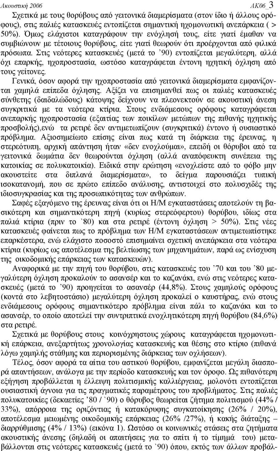 Στις νεότερες κατασκευές (μετά το 90) εντοπίζεται μεγαλύτερη, αλλά όχι επαρκής, ηχοπροστασία, ωστόσο καταγράφεται έντονη ηχητική όχληση από τους γείτονες.