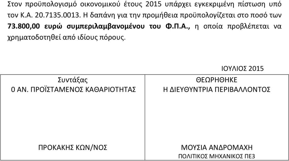 , η οποία προβλέπεται να χρηματοδοτηθεί από ιδίους πόρους. Συντάξας 0 ΑΝ.