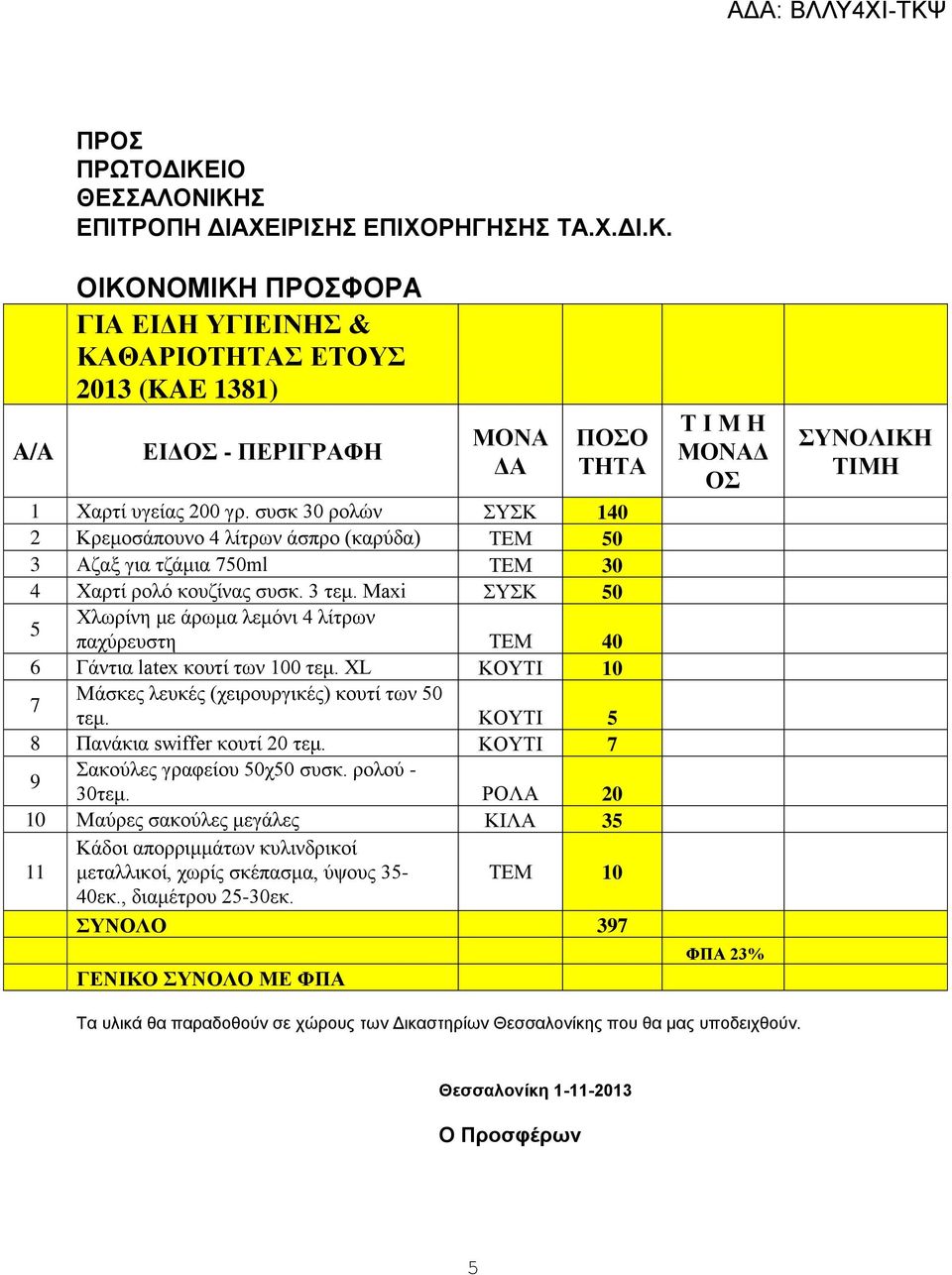 Maxi ΣΥΣΚ 50 5 Χλωρίνη με άρωμα λεμόνι 4 λίτρων παχύρευστη ΤΕΜ 40 6 Γάντια latex κουτί των 100 τεμ. XL ΚΟΥΤΙ 10 7 Μάσκες λευκές (χειρουργικές) κουτί των 50 τεμ. ΚΟΥΤΙ 5 8 Πανάκια swiffer κουτί 20 τεμ.