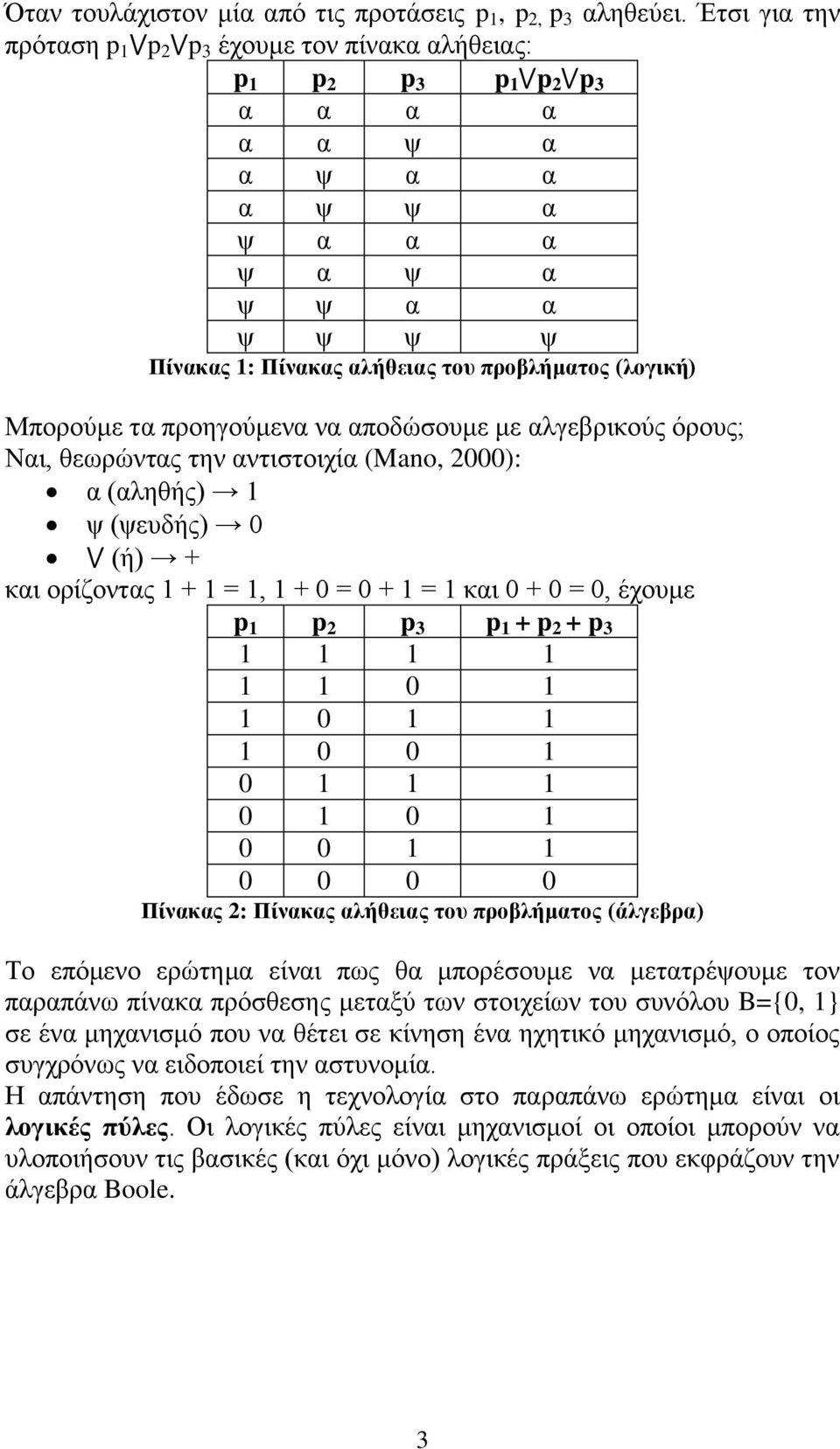 (λογική) Μπορούμε τα προηγούμενα να αποδώσουμε με αλγεβρικούς όρους; Ναι, θεωρώντας την αντιστοιχία (Mano, 2000): α (αληθής) 1 ψ (ψευδής) 0 (ή) + και ορίζοντας 1 + 1 = 1, 1 + 0 = 0 + 1 = 1 και 0 + 0