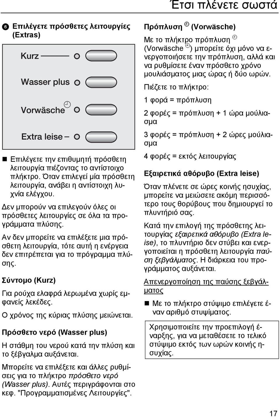 Αν δεν μπορείτε να επιλέξετε μια πρόσθετη λειτουργία, τότε αυτή η ενέργεια δεν επιτρέπεται για το πρόγραμμα πλύσης. Σύντομο (Kurz) Για ρούχα ελαφρά λερωμένα χωρίς εμφανείς λεκέδες.