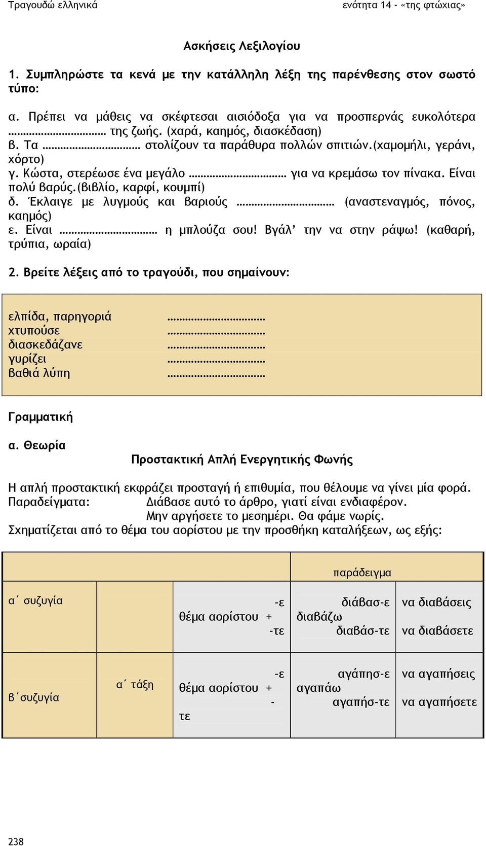 Έκλαιγε µε λυγµούς και βαριούς (αναστεναγµός, πόνος, καηµός) ε. Είναι η µπλούζα σου! Βγάλ την να στην ράψω! (καθαρή, τρύπια, ωραία) 2.