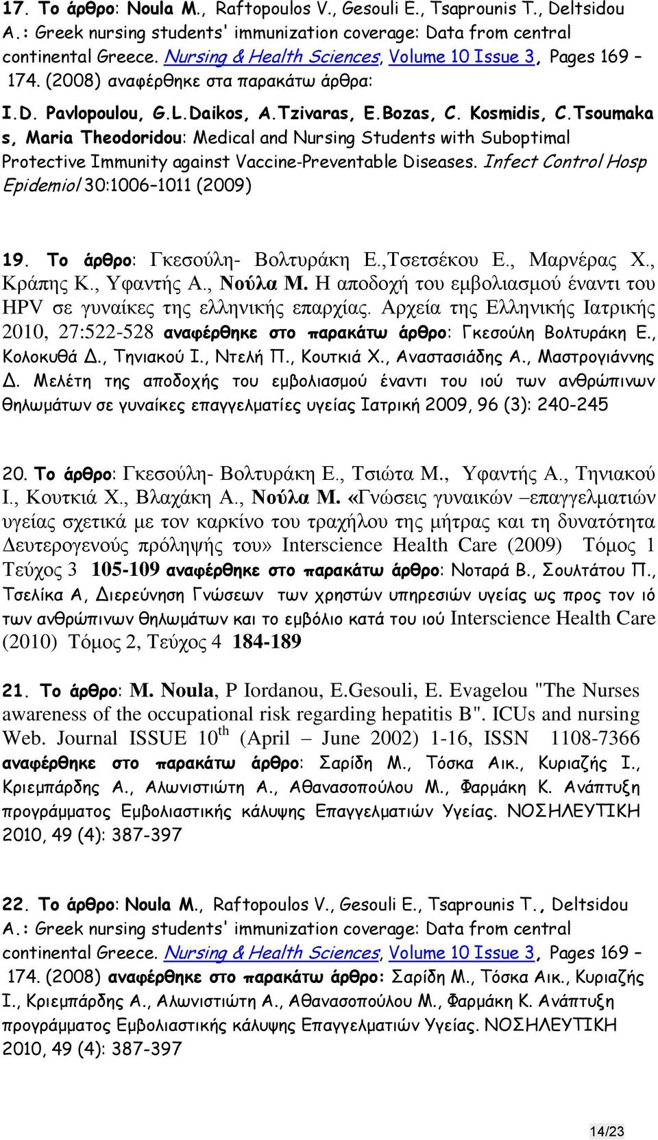 Tsoumaka s, Maria Theodoridou: Medical and Nursing Students with Suboptimal Protective Immunity against Vaccine Preventable Diseases. Infect Control Hosp Epidemiol 30:1006 1011 (2009) 19.
