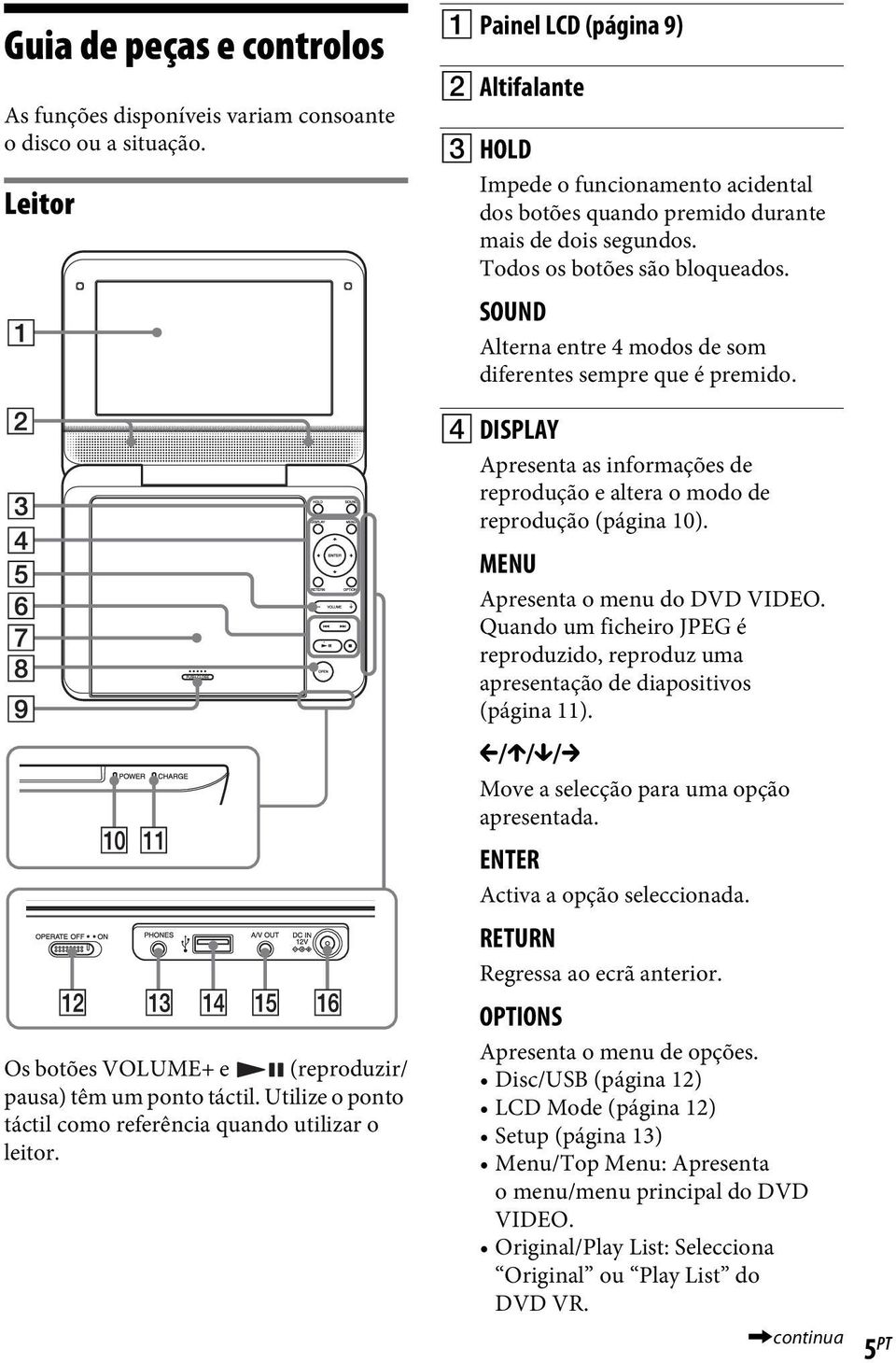 Todos os botões são bloqueados. SOUND Alterna entre 4 modos de som diferentes sempre que é premido. D DISPLAY Apresenta as informações de reprodução e altera o modo de reprodução (página 10).