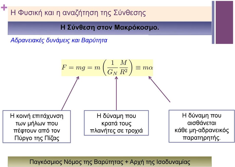 F = mg = m 1 M G N R 2 m Η κοινή επιτάχυνση των µήλων που πέφτουν από τον Πύργο της