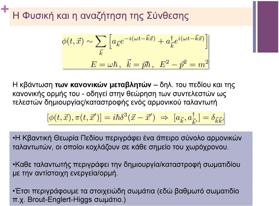 0 ) ) [a ~k,a ~ k 0 ]= ~ k ~ k 0 Η Κβαντική Θεωρία Πεδίου περιγράφει ένα άπειρο σύνολο αρµονικών ταλαντωτών, οι οποίοι κοχλάζουν σε κάθε σηµείο του χωρόχρονου.