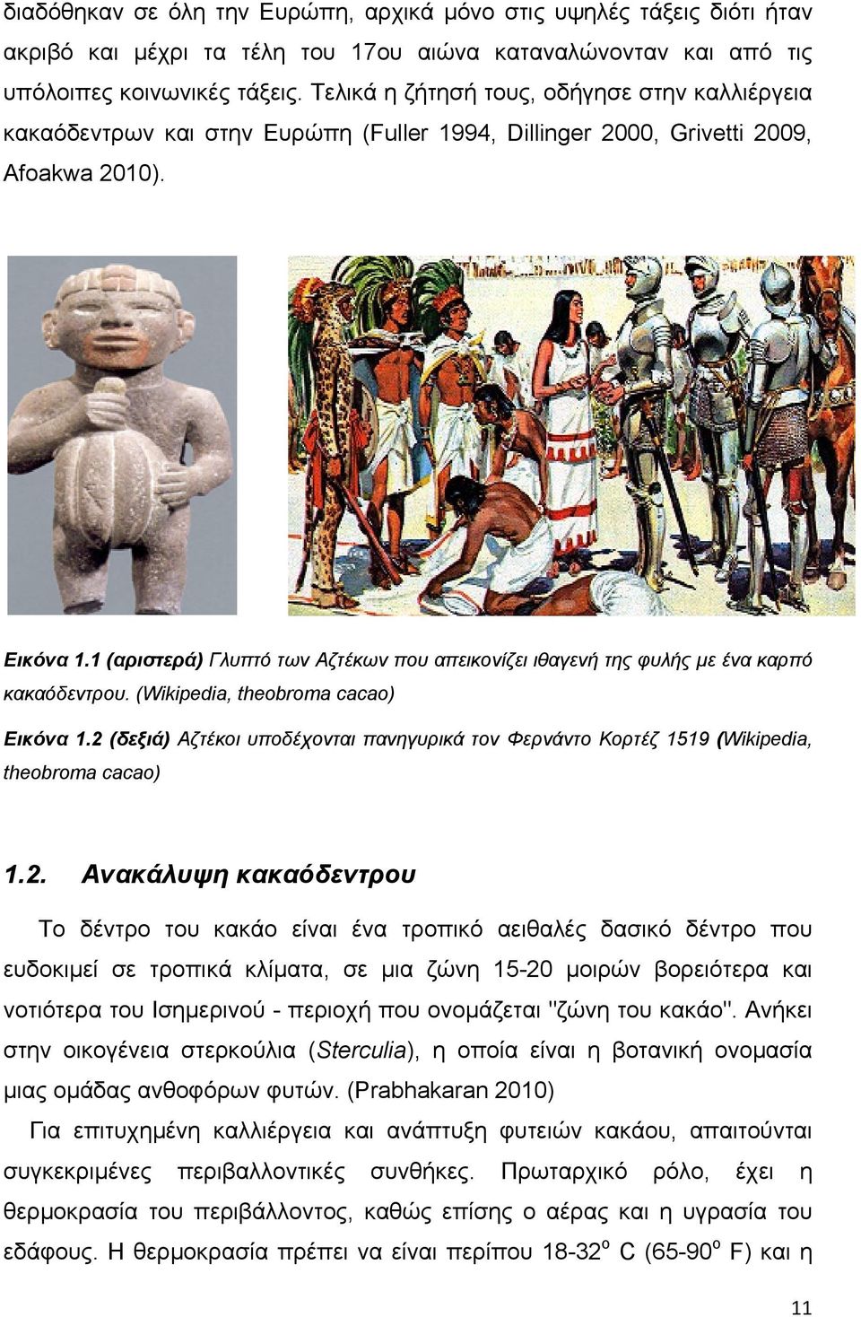 1 (αριστερά) Γλυπτό των Αζτέκων που απεικονίζει ιθαγενή της φυλής µε ένα καρπό κακαόδεντρου. (Wikipedia, theobroma cacao) Εικόνα 1.