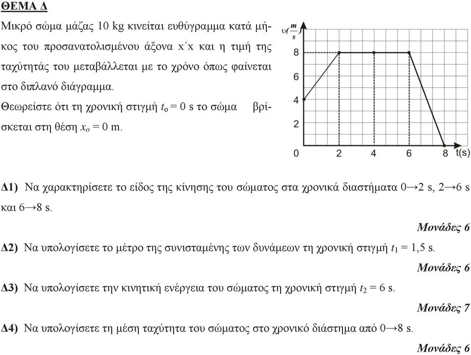 Δ1) Να χαρακτηρίσετε το είδος της κίνησης του σώματος στα χρονικά διαστήματα 0 2 s, 2 6 s και 6 8 s.