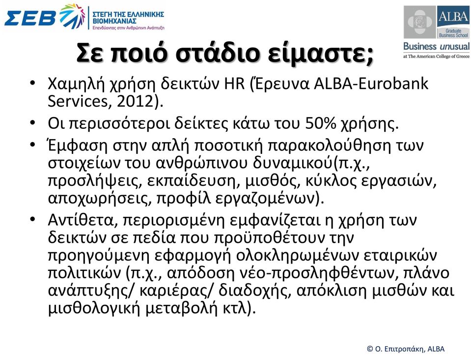 Αντίθετα, περιορισμένη εμφανίζεται η χρήση των δεικτών σε πεδία που προϋποθέτουν την προηγούμενη εφαρμογή ολοκληρωμένων εταιρικών πολιτικών