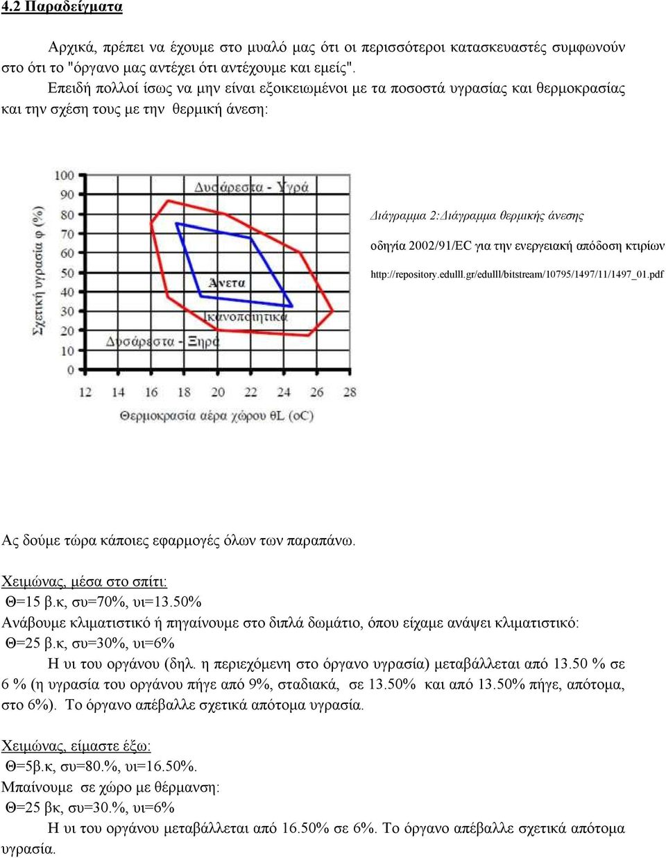 ενεργειακή απόδοση κτιρίων http://repository.edulll.gr/edulll/bitstream/10795/1497/11/1497_01.pdf Ας δούµε τώρα κάποιες εφαρµογές όλων των παραπάνω. Χειµώνας, µέσα στο σπίτι: Θ=15 β.κ, συ=70%, υι=13.