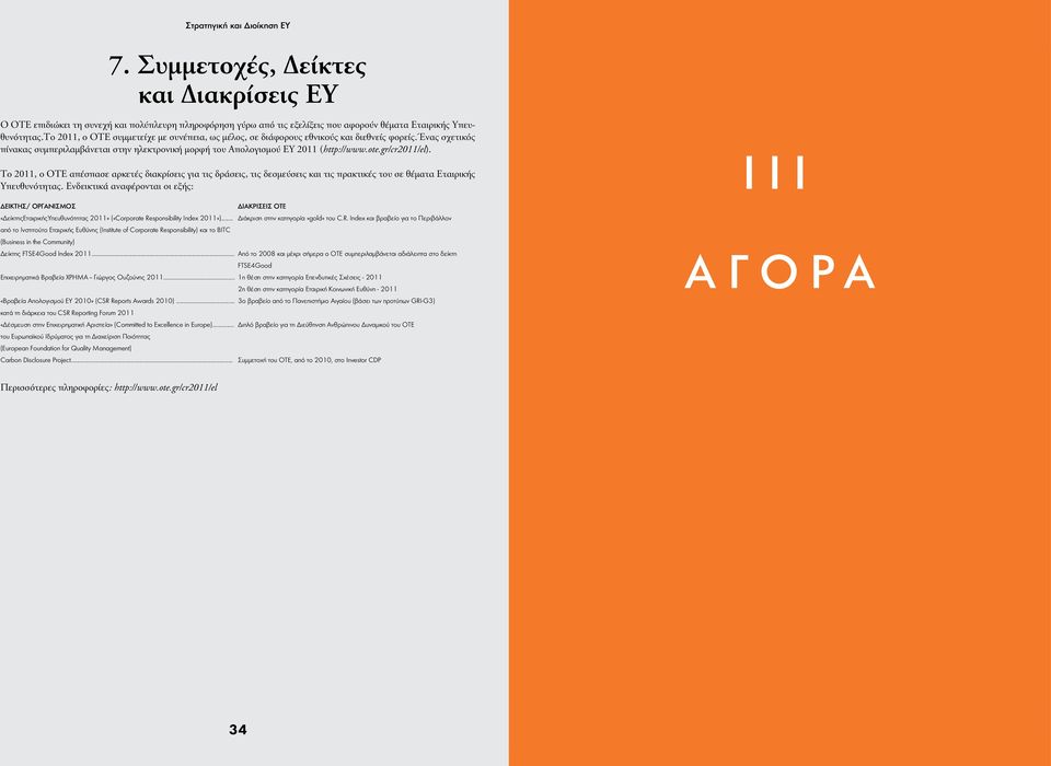 Το 2011, ο ΟΤΕ συμμετείχε με συνέπεια, ως μέλος, σε διάφορους εθνικούς και διεθνείς φορείς.ένας σχετικός πίνακας συμπεριλαμβάνεται στην ηλεκτρονική μορφή του Απολογισμού ΕΥ 2011 (http://www.ote.