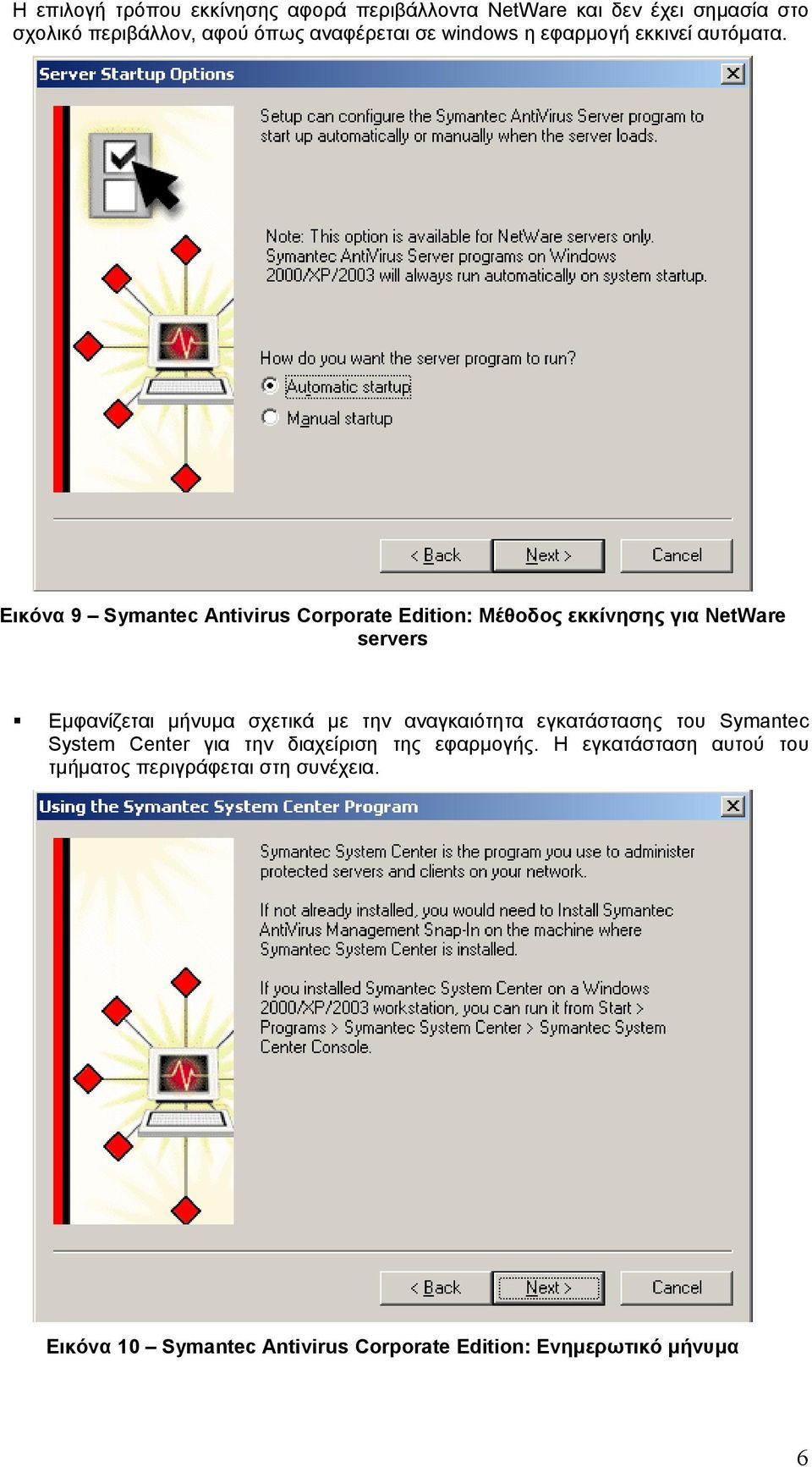 Εικόνα 9 Symantec Antivirus Corporate Edition: Μέθοδος εκκίνησης για NetWare servers Εμφανίζεται μήνυμα σχετικά με την