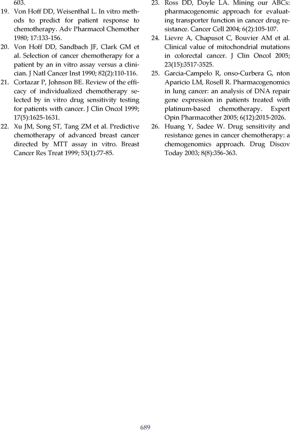 Review of the efficacy of individualized chemotherapy selected by in vitro drug sensitivity testing for patients with cancer. J Clin Oncol 1999; 17(5):1625 1631. 22. Xu JM, Song ST, Tang ZM et al.