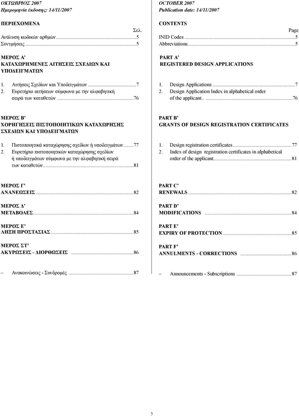 ..5 PART Α REGISTERED DESIGN APPLICATIONS 1. Design Applications...7 2. Design Application Index in alphabetical order of the applicant.