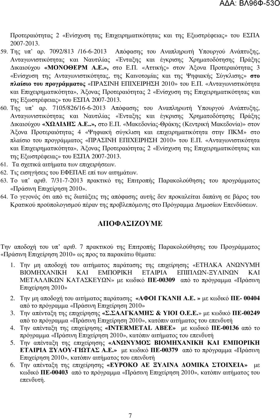 Της υπ αρ. 7105/826/16-6-2013 Απόφασης του Αναπληρωτή Υπουργού Ανάπτυξης, ικαιούχου «ΧΩΛΙ ΗΣ Α.Ε..», στο Ε.Π.