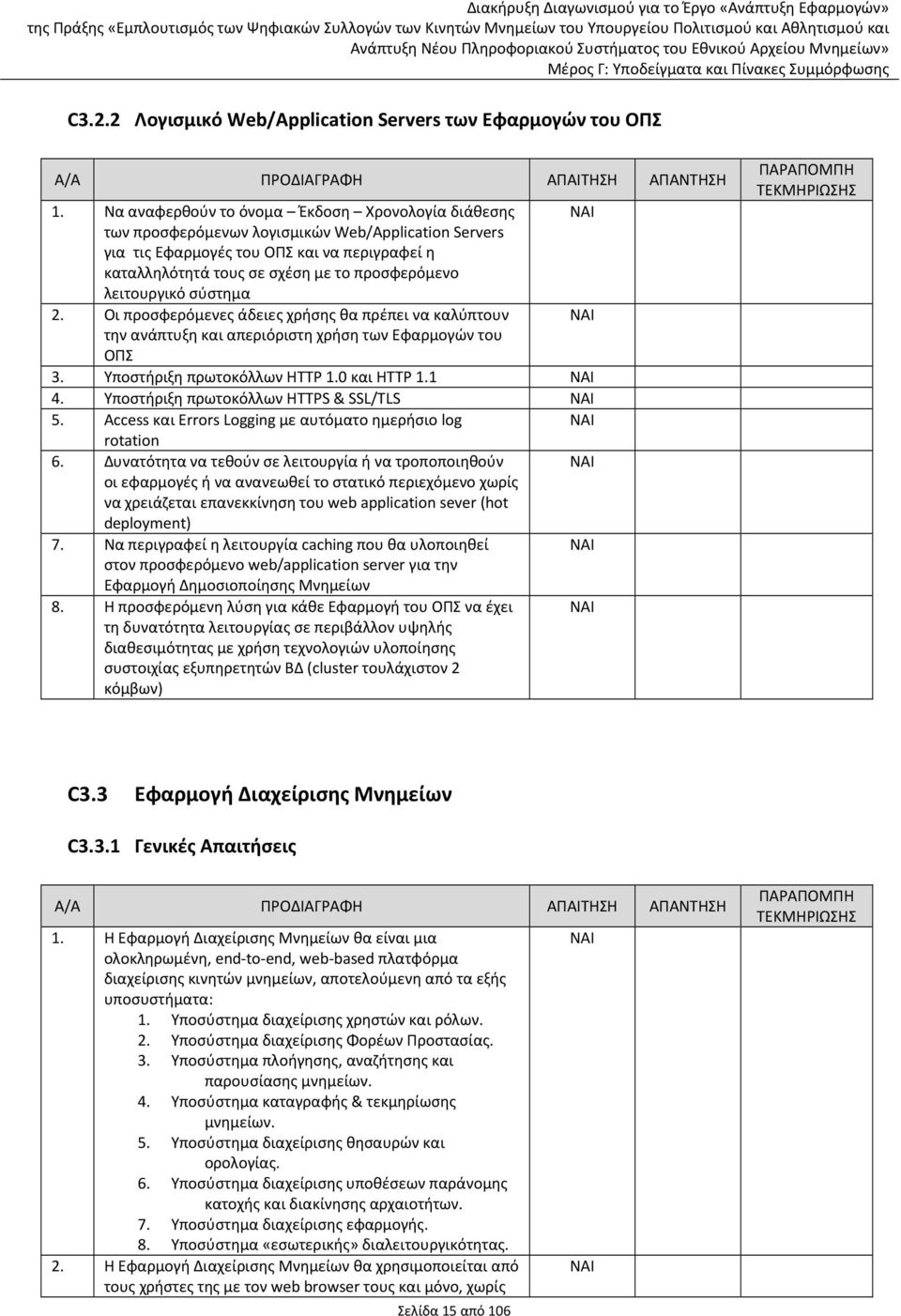 λειτουργικό σύστημα 2. Οι προσφερόμενες άδειες χρήσης θα πρέπει να καλύπτουν την ανάπτυξη και απεριόριστη χρήση των Εφαρμογών του ΟΠΣ 3. Υποστήριξη πρωτοκόλλων HTTP 1.0 και HTTP 1.1 4.